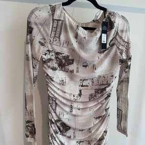 Fashion Nova Newspaper Print Midi Dress - Cream and Brown